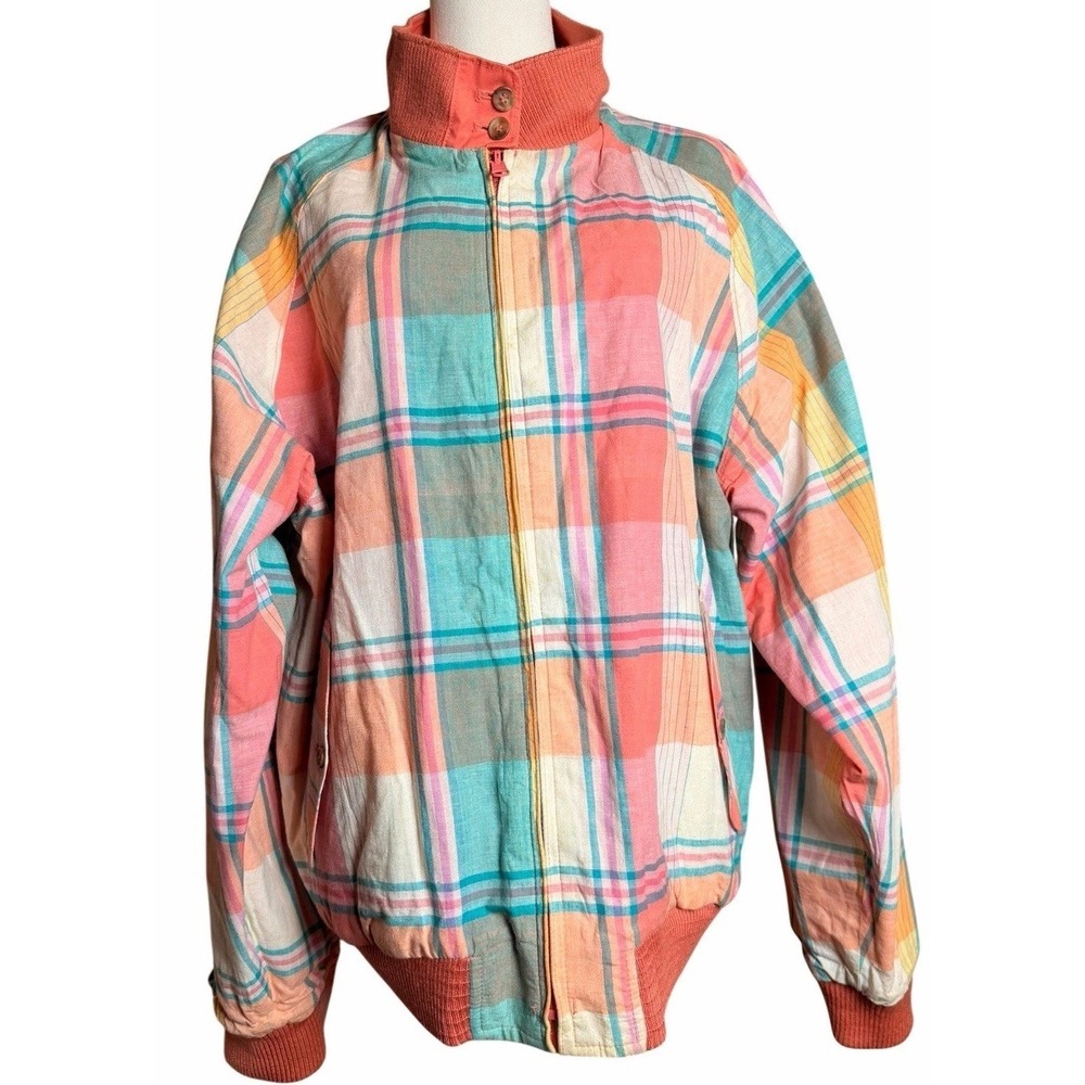 Vintage 90s GANT Reversible Harrington Jacket Plaid Coral Pink Mens L Preppy - Picture 4 of 16